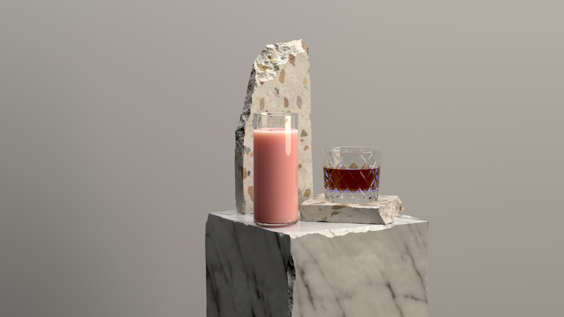 Minimal 3D still life with terrazzo, marble, glass and softly lit liquids